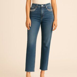 NWT Good American Good Classic Crystal Fringe Jeans Size 4/27 Medium Wash Raw